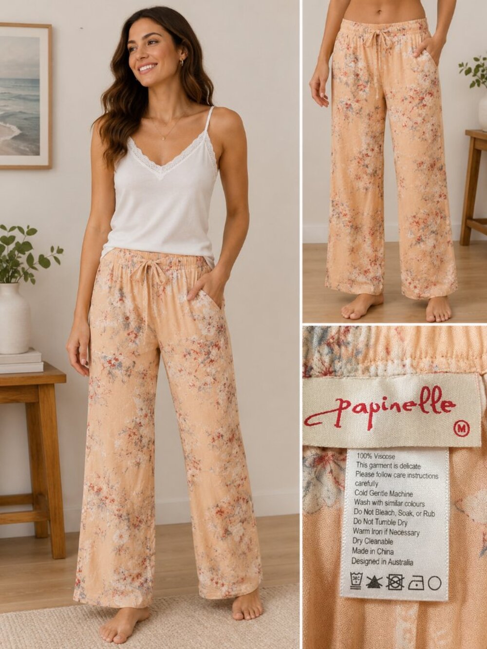 Papinelle Peach Floral Wide Leg Pajama Pants Size Medium Comfy